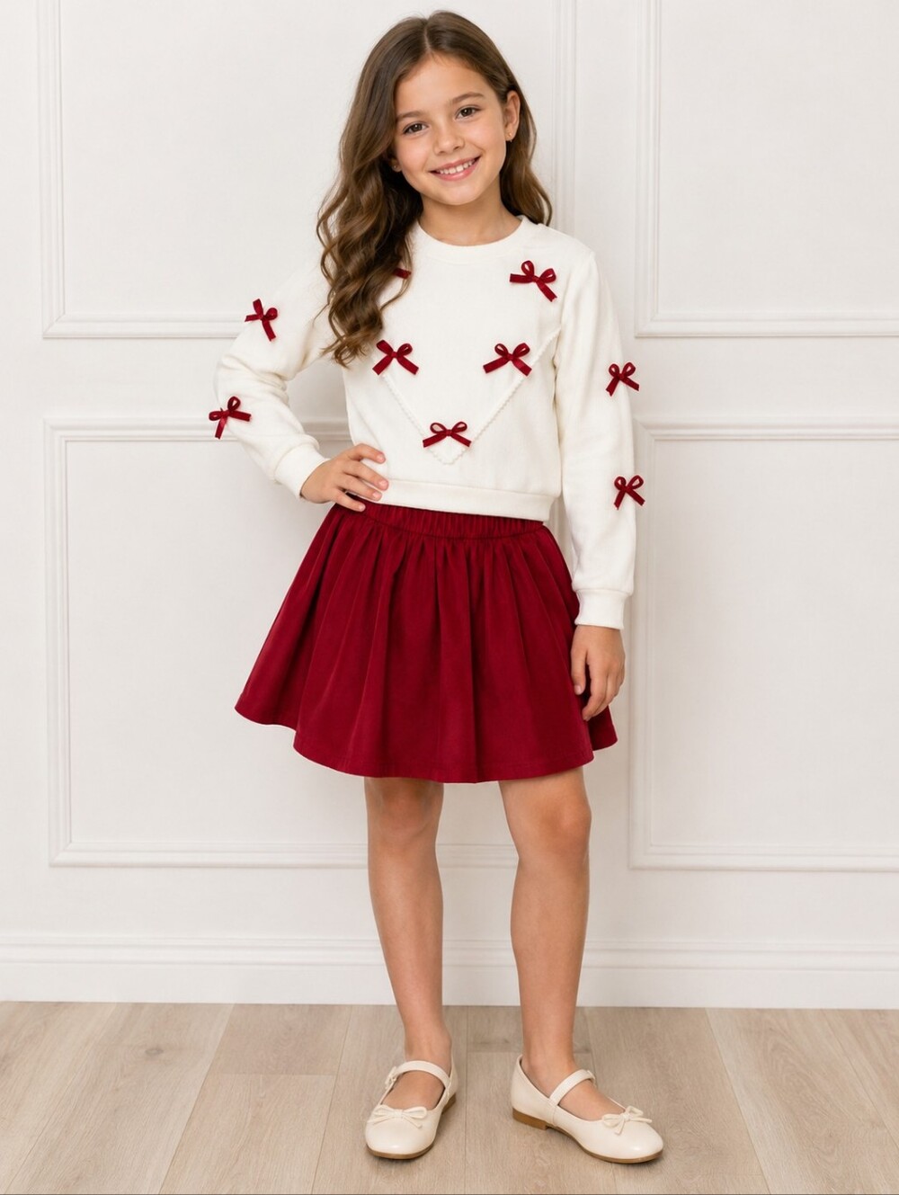 Verdusa Girls Red A-Line Skirt - And Soft Ribboned Sweater Classic Schoolwear 9y